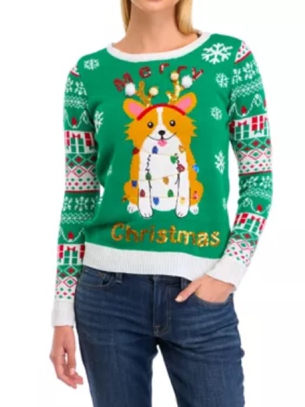 Women’s Green Ugly Christmas Corgi Pullover Sweater Size XL